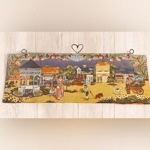 VTG Wall Tapestry Quaint Town Village Tulips 1995 12”X 35” Heron Blue Vintage